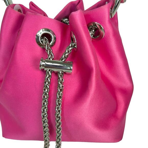Sondra Robert’s Satin Drawstring Mini Bag Hot a pink Crystal Top Handle - Picture 4 of 8